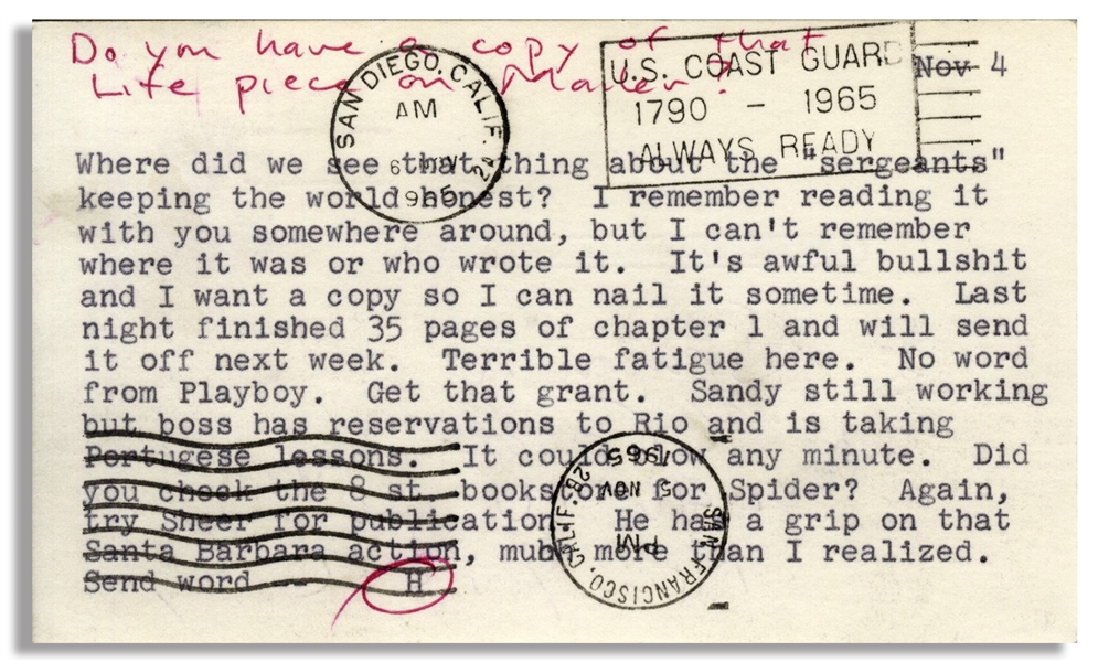 Hunter Thompson November 1965 Letter With Handwritten Annotation -- Regarding His ''Hell's Angels'' Draft: ''...Last night finished 35 pages of chapter 1...''